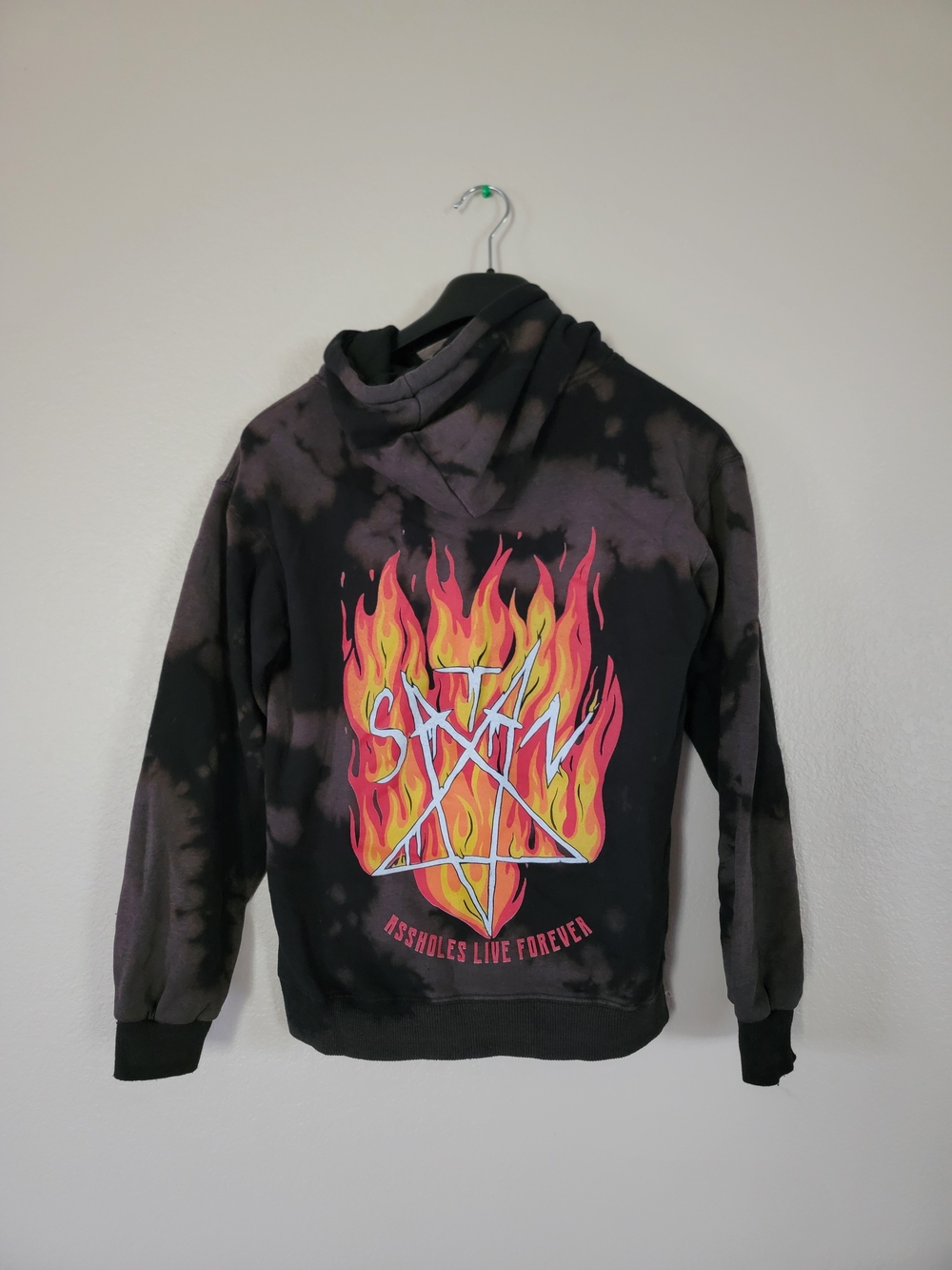 Black Tie-Dye Assholes Live Forever Hoodie with Flame Graphic